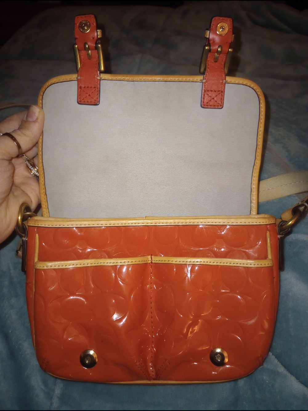 Coach F49082 Peyton Embossed Field Bag Papaya with tan strap and tan trim. - Picture 4 of 11